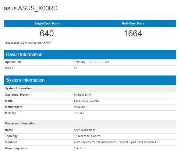 Смартфон Asus на Android Go замечен в бенчмарке Geekbench