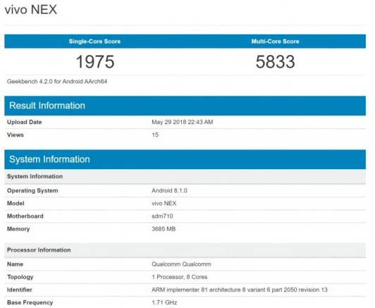 Vivo Nex на Snapdragon 710 замечен в бенчмарке Geekbench
