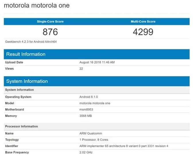Еще не представленный Motorola One замечен в Geekbench