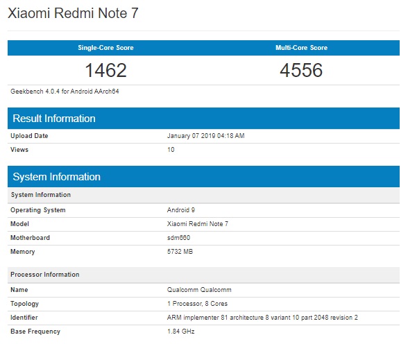 Xiaomi Redmi Note 7 прошел тест на производительность в Geekbench