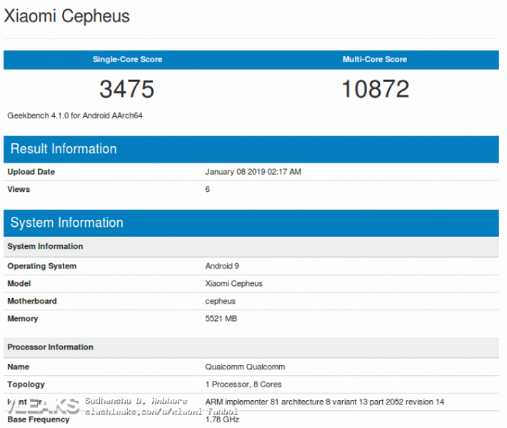 Xiaomi Cepheus на Snapdragon 855 прошел тест на производительность в Geekbench