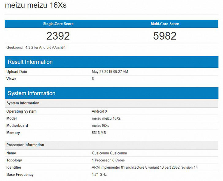 Производительность Meizu 16Xs оценили в бенчмарке Geekbench